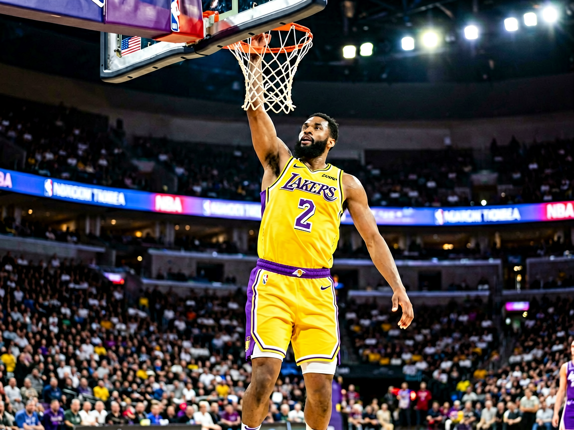NBA比赛精彩暴扣瞬间，球馆灯光聚焦